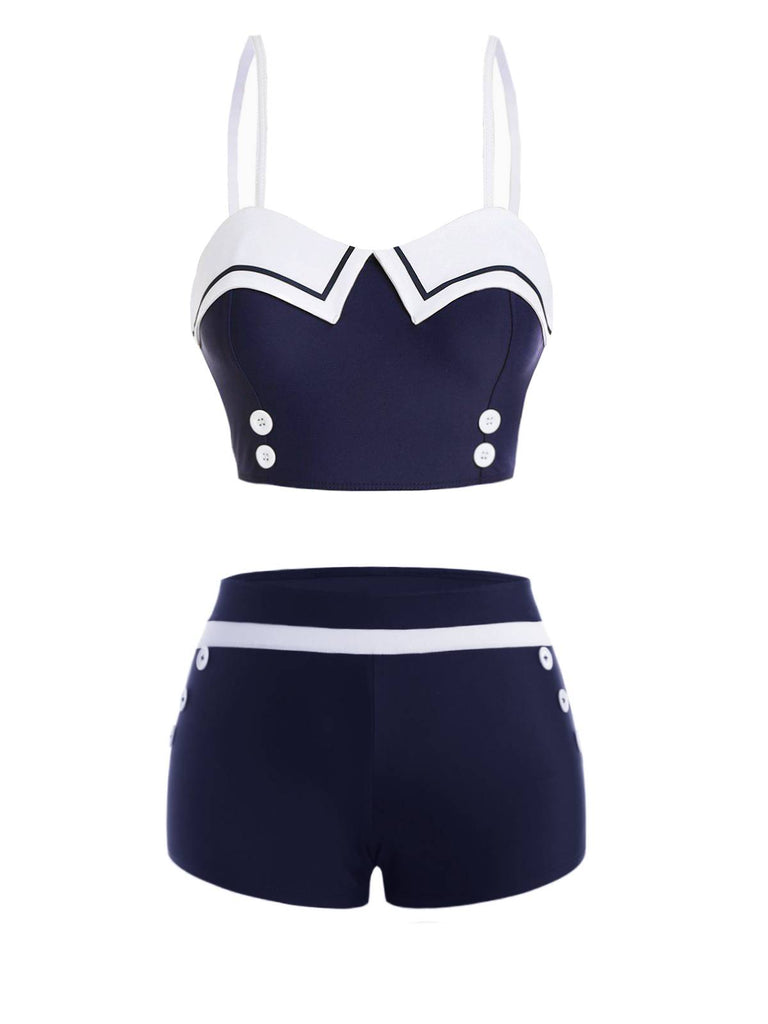 Navy Blue 1950s Spaghetti Buttons Swimsuit: timeless style reimagined