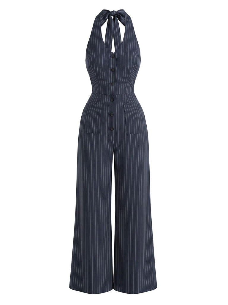 Navy Blue 1950s Striped Halter Backless Jumpsuit, vintage romper, retro jumpsuit - perfect for women who love vintage and retro fashion