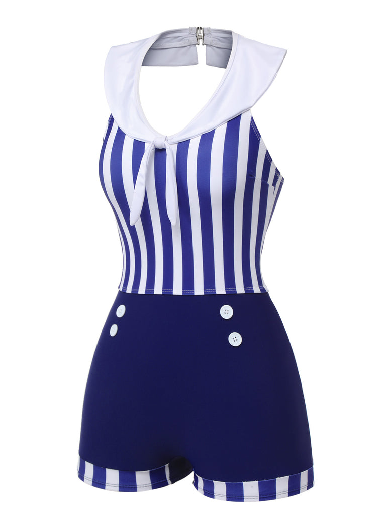 Navy Blue 1950s Striped Navy Collar Swimsuit, vintage swimsuit, pin-up swimwear - perfect for women who love vintage and retro fashion