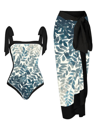 Navy Blue 1960s Leaf One-piece Swimsuit & Cover-up: timeless style reimagined
