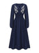 Navy Blue 1970s Floral Embroidered Maxi Dress - vintage dress, retro fashion, elegant red