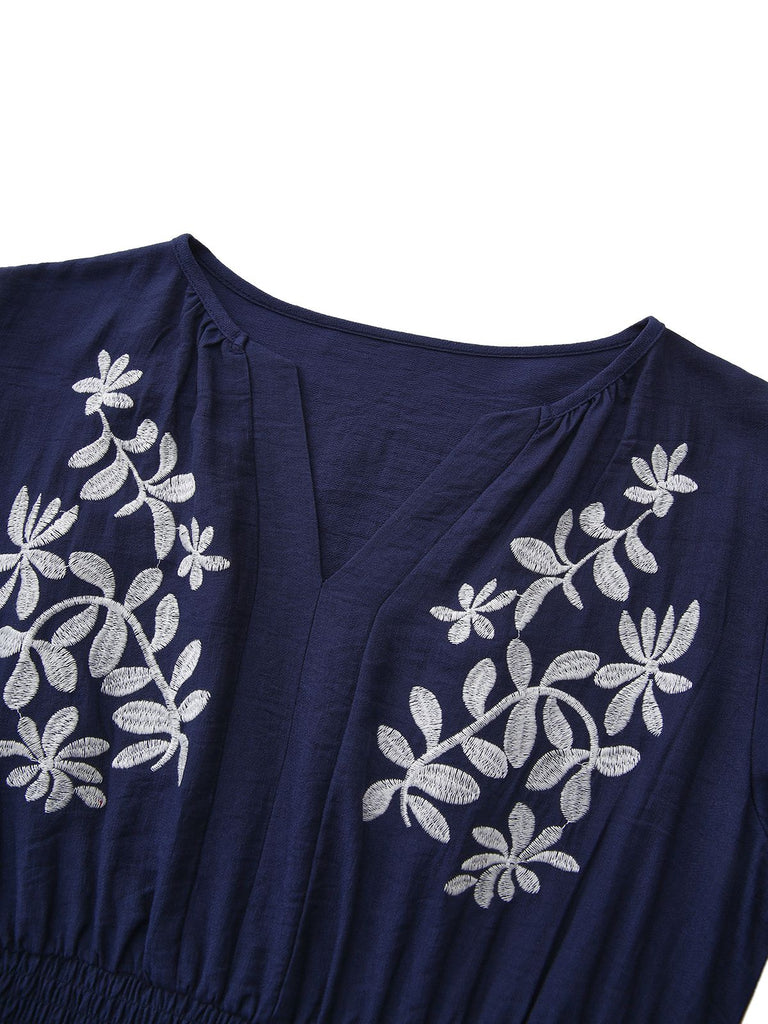 Navy Blue 1970s Floral Embroidered Maxi Dress - vintage dress, retro fashion, elegant red