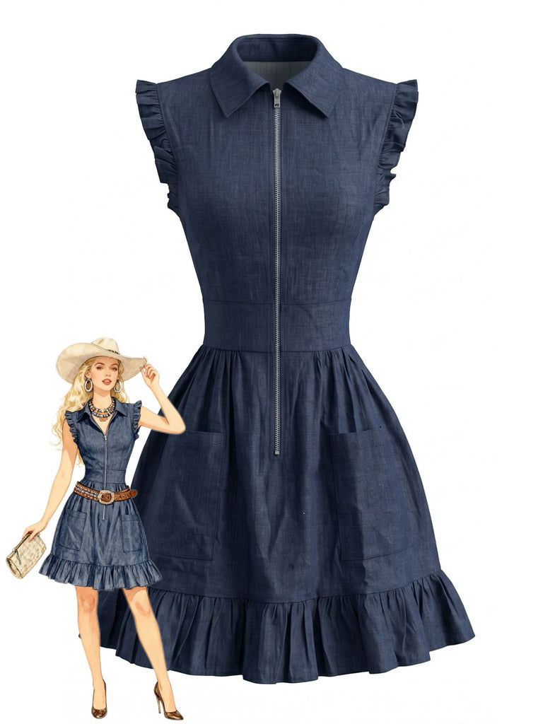 Navy Blue 1980s Ruffle Denim Dress
