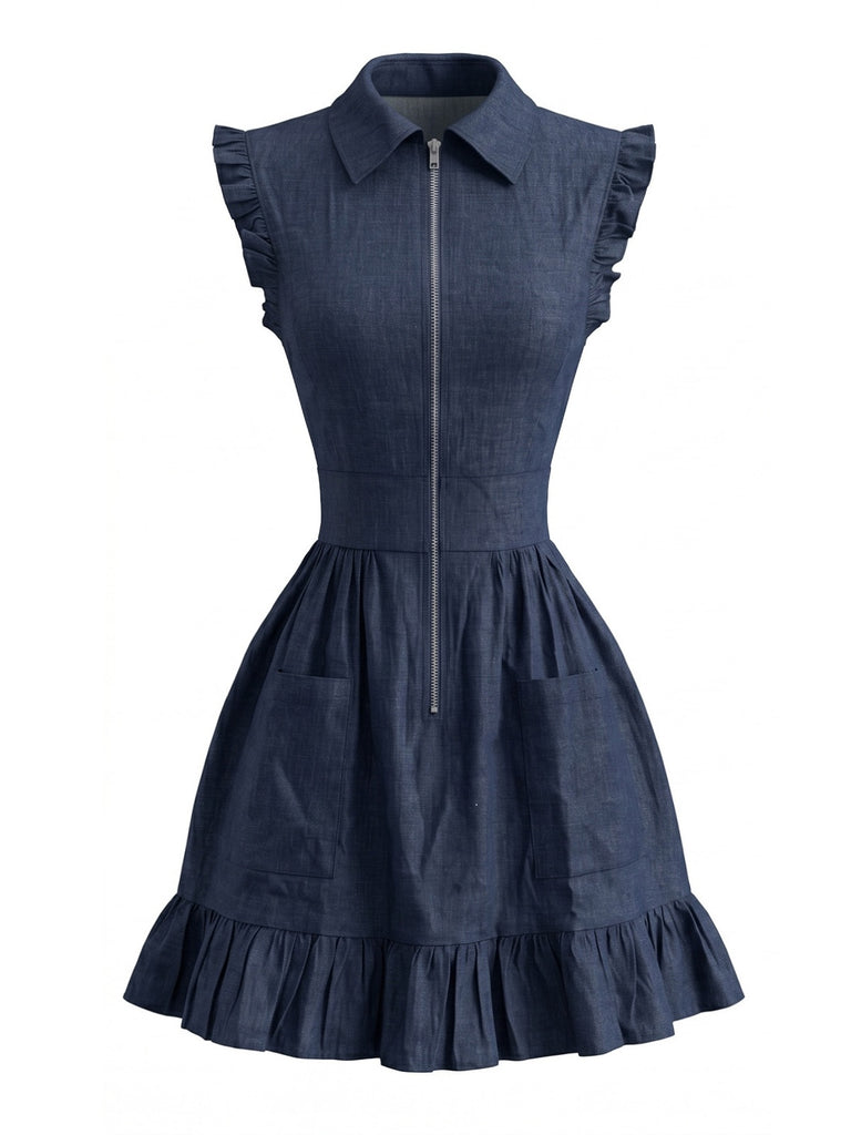Navy Blue 1980s Ruffle Denim Dress 2