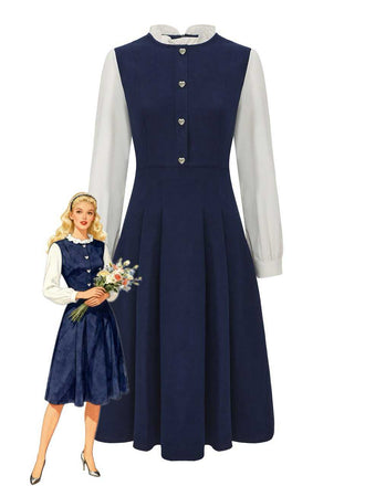 Navy Blue 1980s Ruffle Collar Heart Buttons Dress - vintage dress, retro fashion