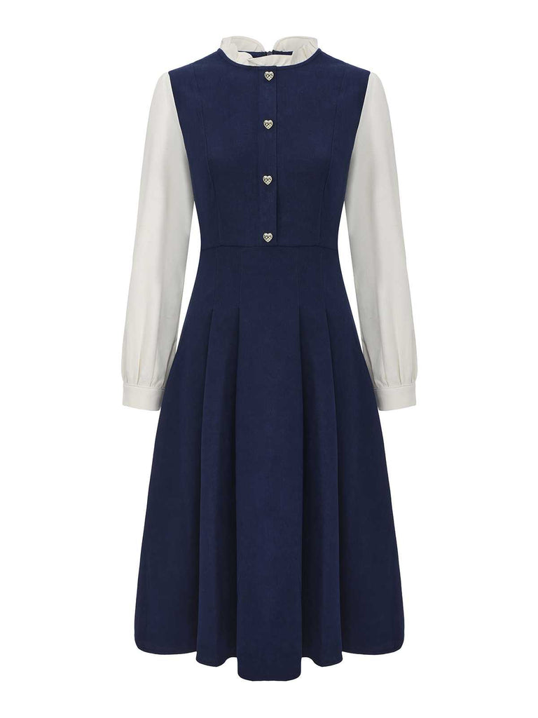 Navy Blue 1980s Ruffle Collar Heart Buttons Dress - vintage dress, retro fashion