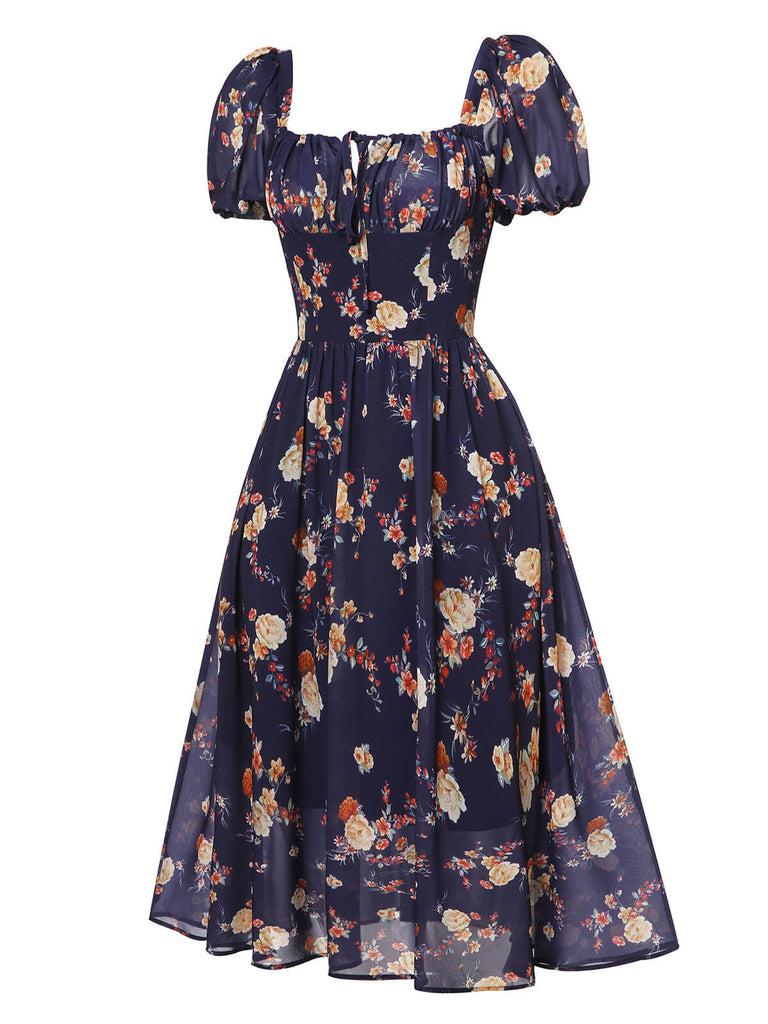 Navy Blue Floral Bubble Sleeves Dress, vintage dress, retro fashion, floral print - perfect for women who love vintage and retro fashion
