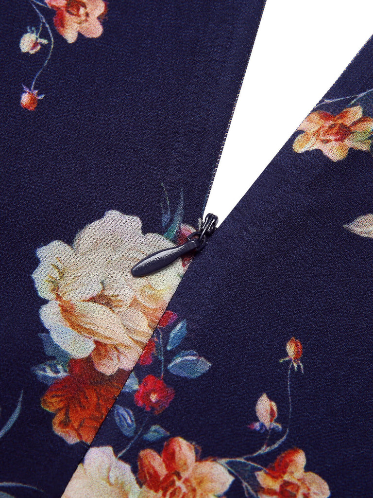 Navy Blue Floral Bubble Sleeves Dress, vintage dress, retro fashion, floral print - perfect for women who love vintage and retro fashion