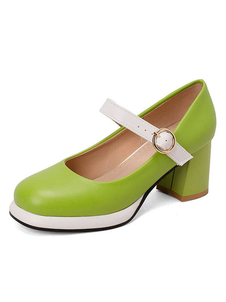 Vintage PU Round Toe Mary Janes Chunky Heels