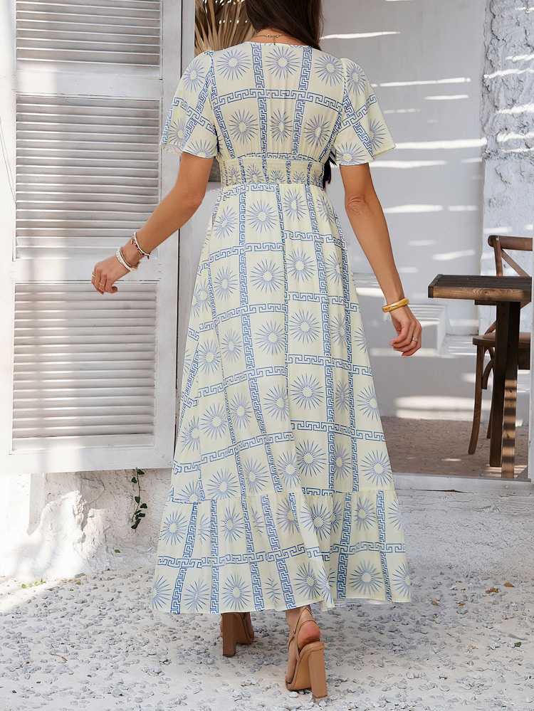 1970s V-Neck Boho Smocked-Waist Floral Dress