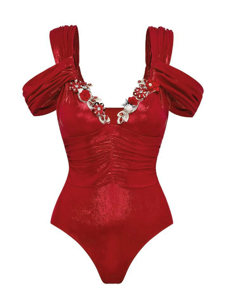 Red 1950s Off-Shoulder 3D Floral One-Piece Swimsuit