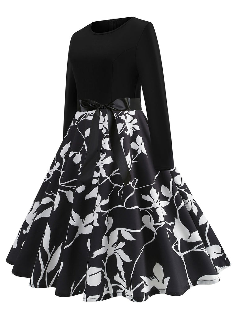 Black 1950s Round Neck Floral Belted Dress