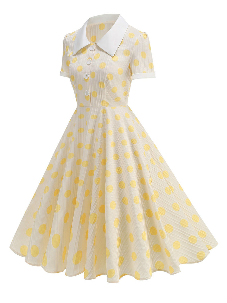 Beige 1950s Polka Dots Lapel Buttons Dress