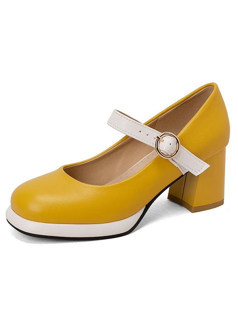 Vintage PU Round Toe Mary Janes Chunky Heels