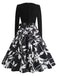 Black 1950s Round Neck Floral Belted Dress