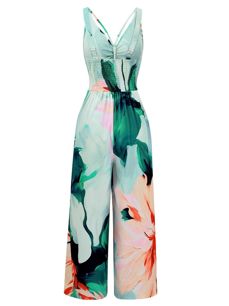 1970s Strap V-Neck Floral Smocked Jumpsuit