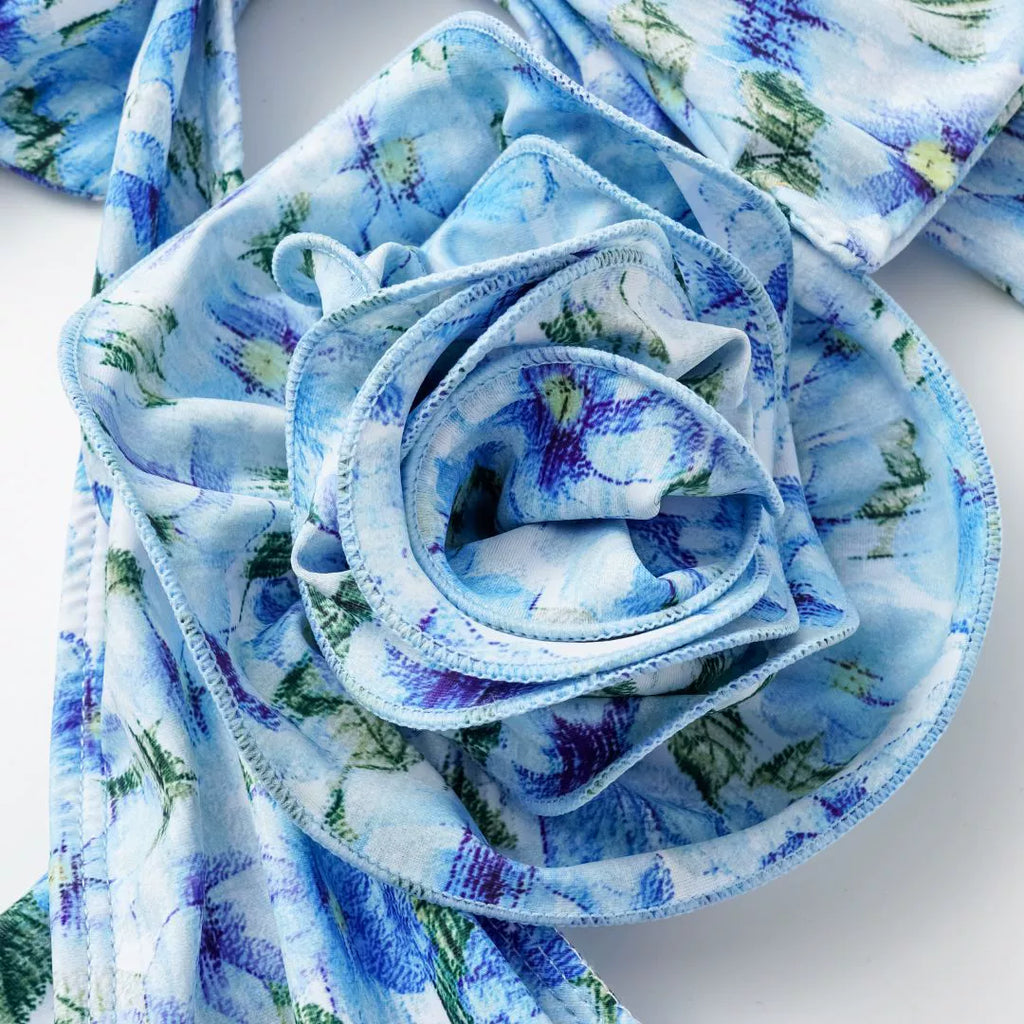 Blue 1930s Halter Floral Print 3D Rose Swimsuit