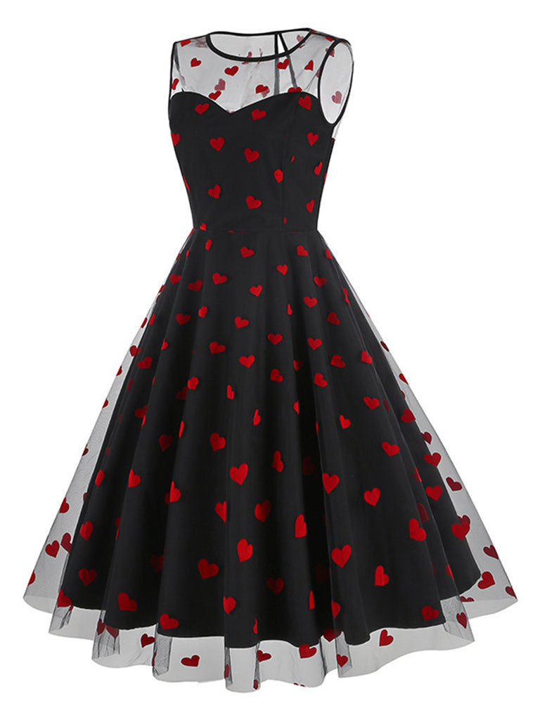 Black 1950s Flocked Heart Mesh Patchwork Dress