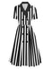 1940s Lapel Double Breasted Black & White Stripes Dress