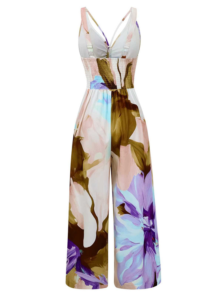 1970s Strap V-Neck Floral Smocked Jumpsuit