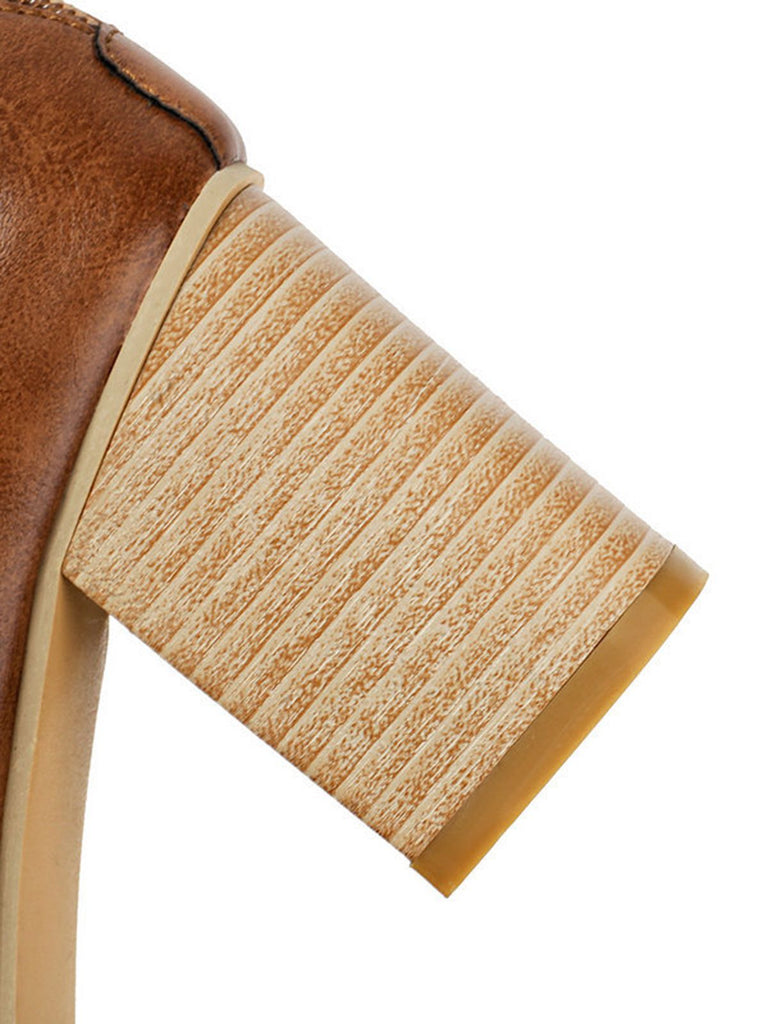 Round Toe Thick-Soled Wood-Grain Chunky Heel Shoes