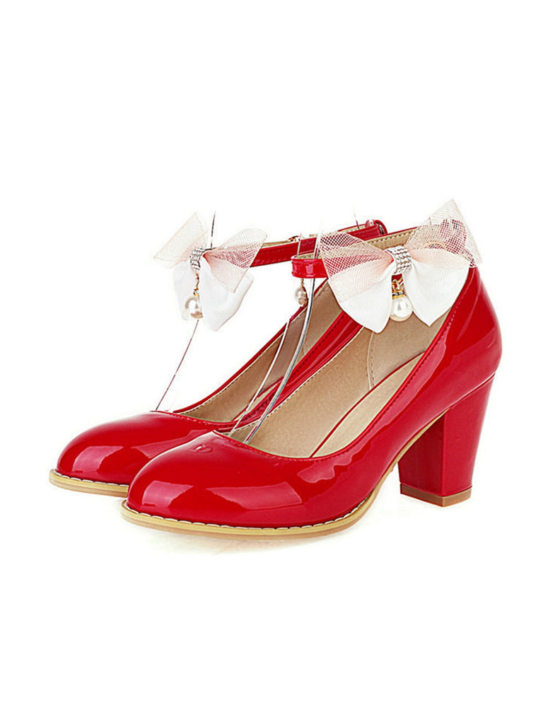 Bow Patent Leather Mary Jane Chunky Heels