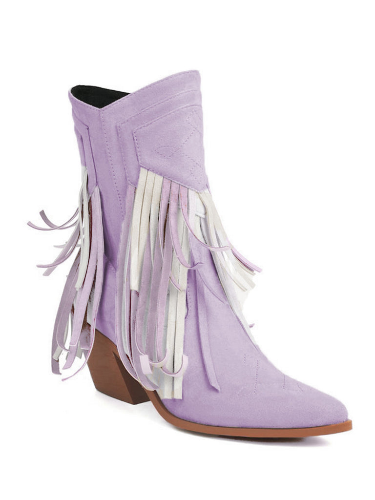 Vintage Tassel Mid Heel Flannelette Boots