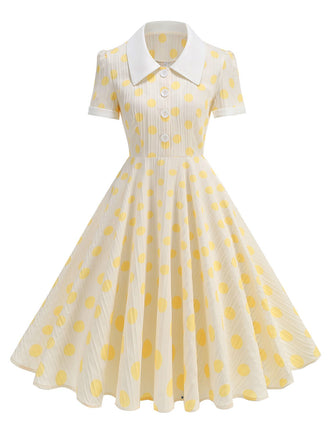 Beige 1950s Polka Dots Lapel Buttons Dress