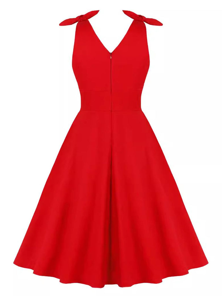 Red 1950s V-Neck Sleeveless Solid Dress