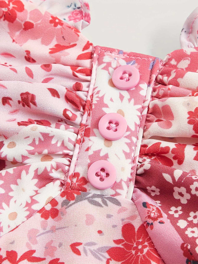 Pink 1980s Spaghetti Strap Ditsy Floral Tiered Dress