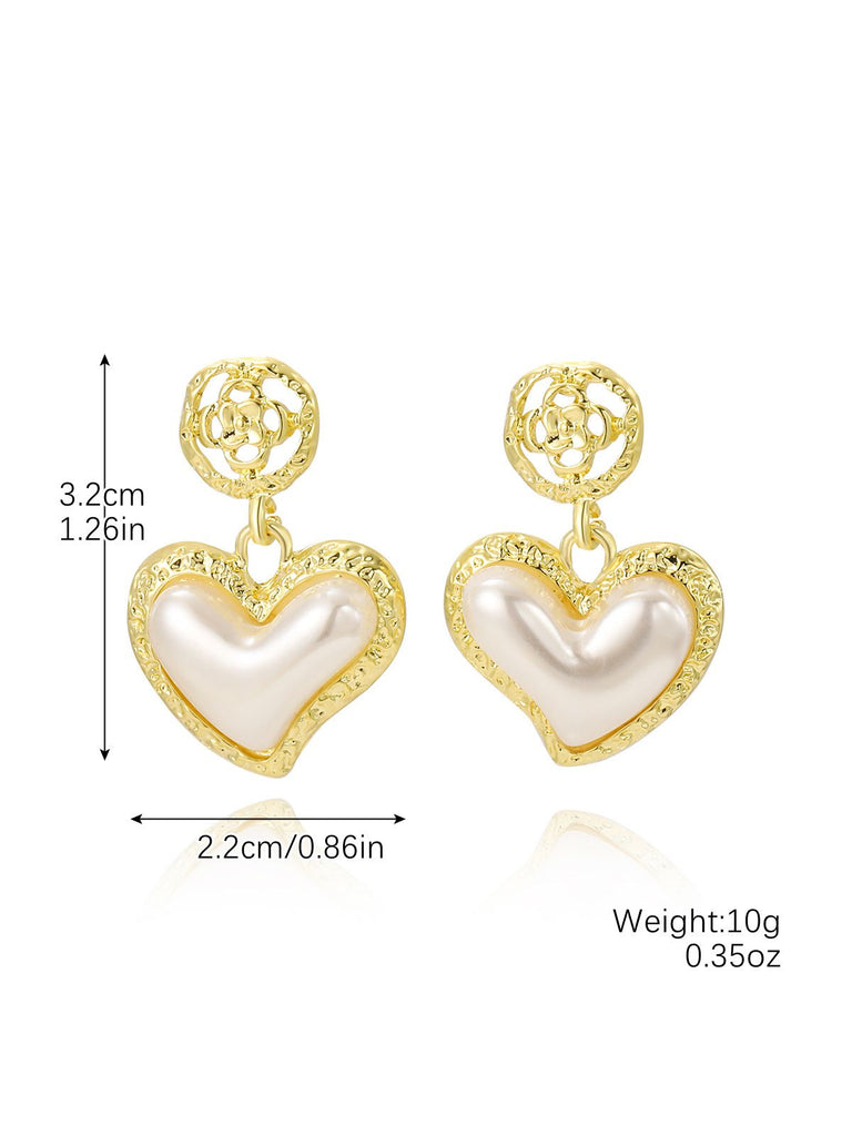 Gold Heart Pearl Drop Earrings