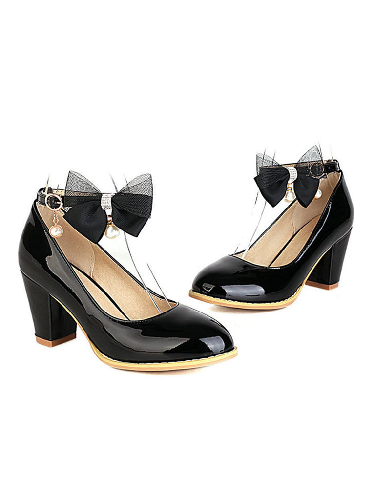 Bow Patent Leather Mary Jane Chunky Heels