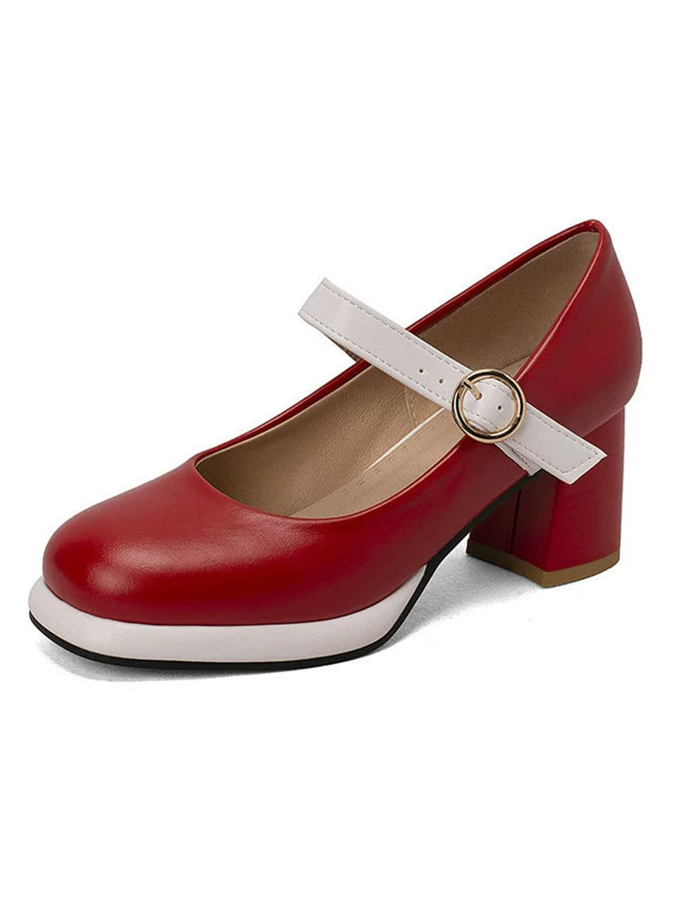 Vintage PU Round Toe Mary Janes Chunky Heels