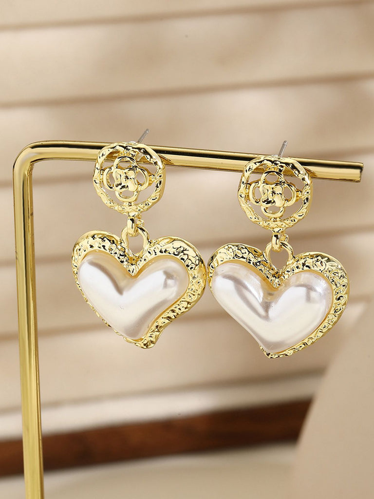 Gold Heart Pearl Drop Earrings