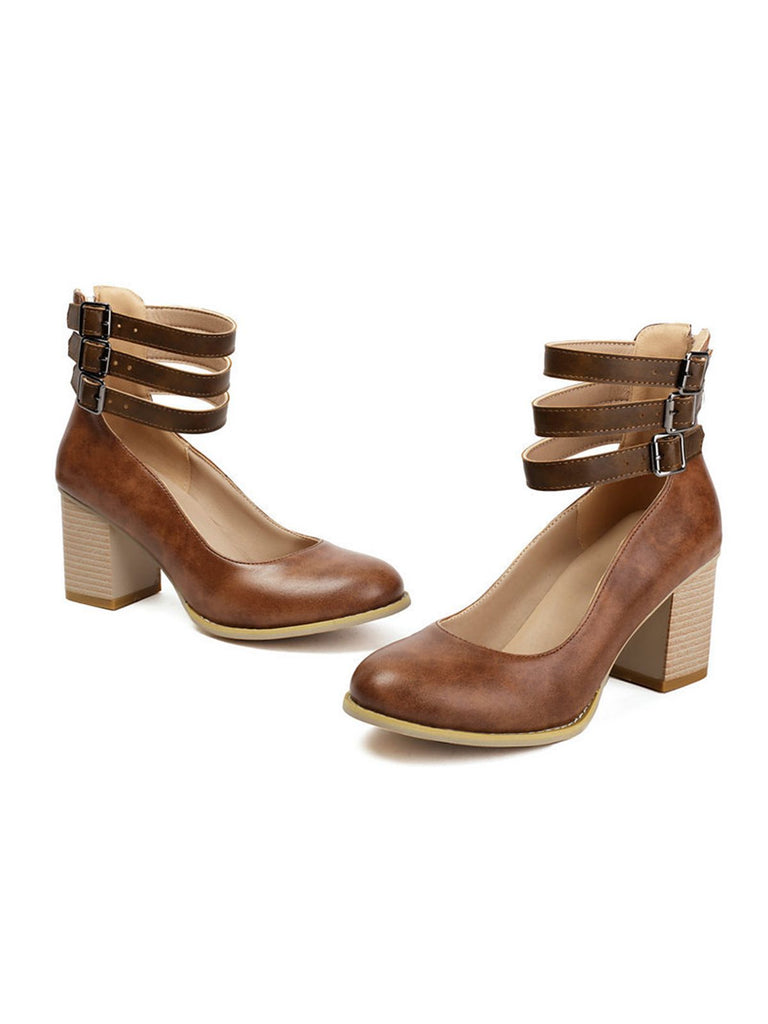 Round Toe Thick-Soled Wood-Grain Chunky Heel Shoes