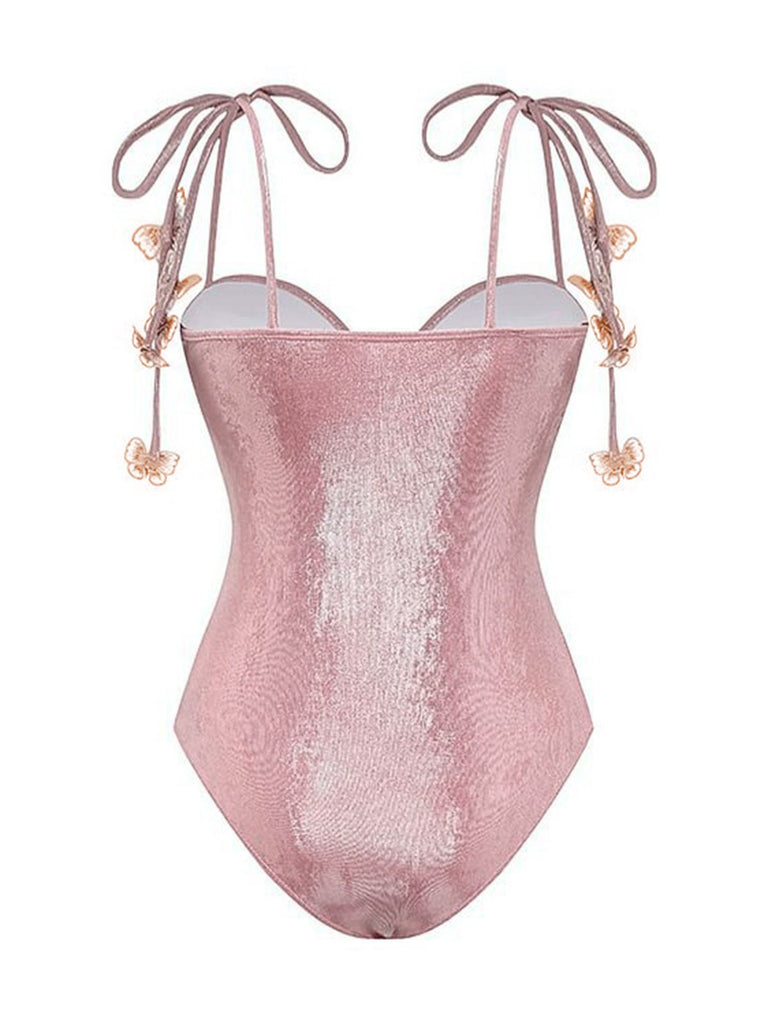 Pink 1950s Shimmery 3D Butterflies One-Piece Swimsuit