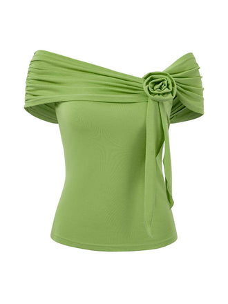 1960s Off-Shoulder 3D Rose Solid Top