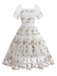1950s Embroidered Flowers Mesh Puff Sleeve Dress