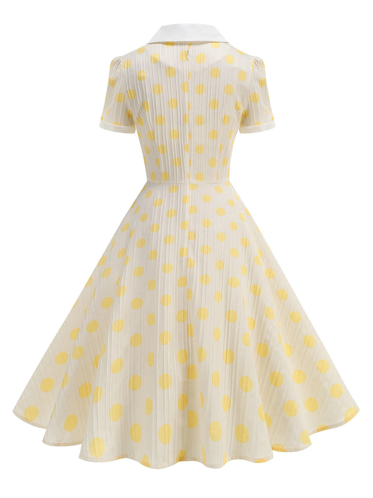 Beige 1950s Polka Dots Lapel Buttons Dress