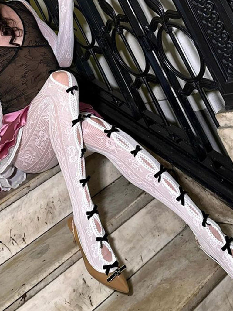 Christmas Bowknot Solid Lace Stockings