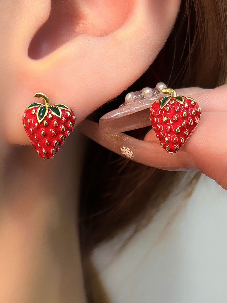 Red Strawberry Gold Accents Earrings