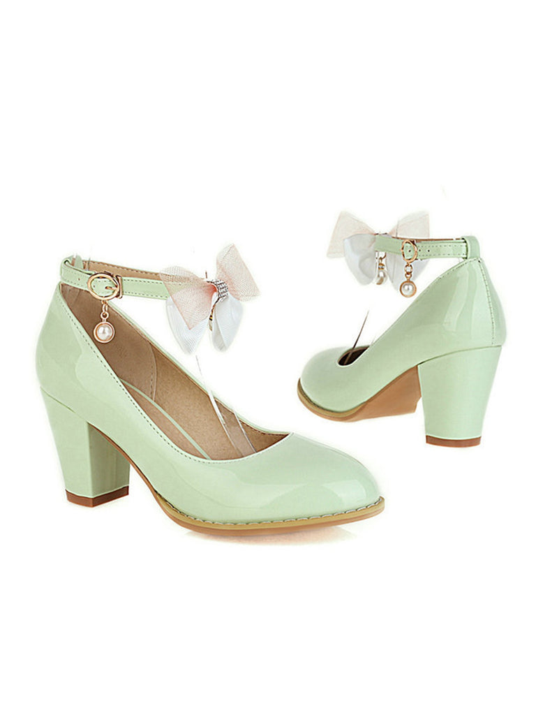 Bow Patent Leather Mary Jane Chunky Heels