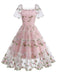 1950s Embroidered Flowers Mesh Puff Sleeve Dress