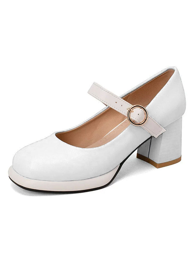Vintage PU Round Toe Mary Janes Chunky Heels