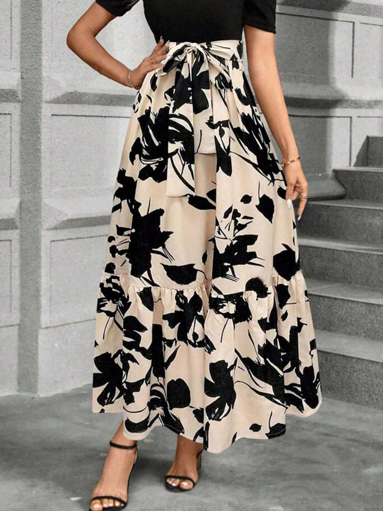 Beige 1930s Floral Silhouette A-Line Skirt