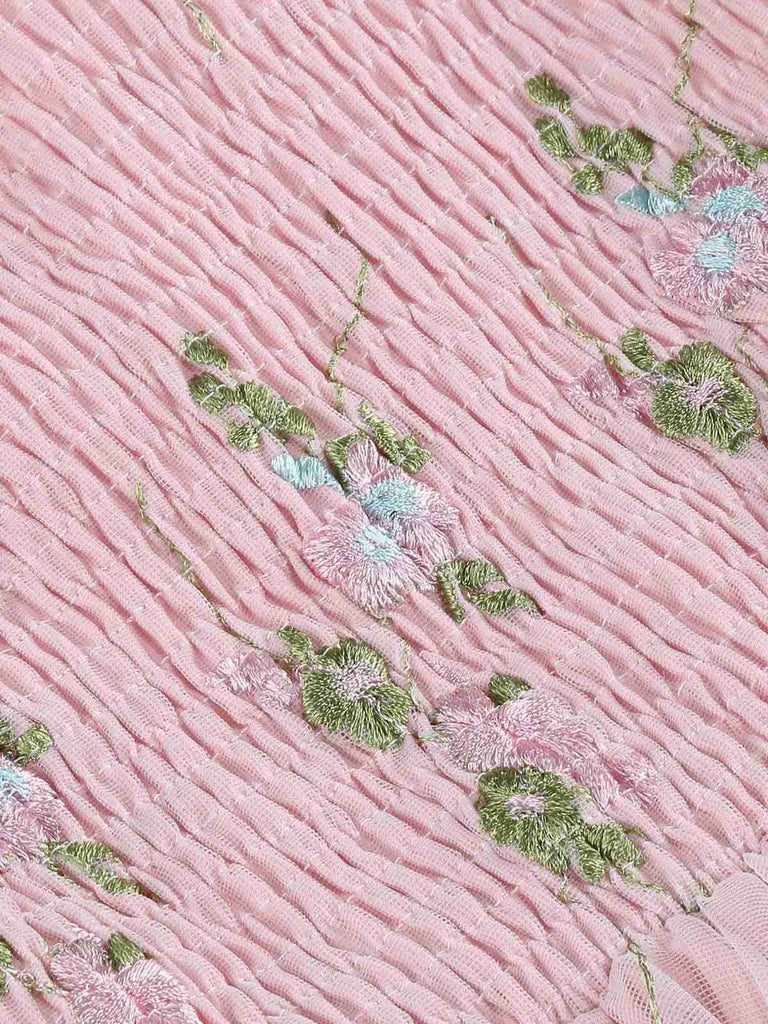 1950s Embroidered Flowers Mesh Puff Sleeve Dress