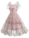 1950s Embroidered Flowers Mesh Puff Sleeve Dress