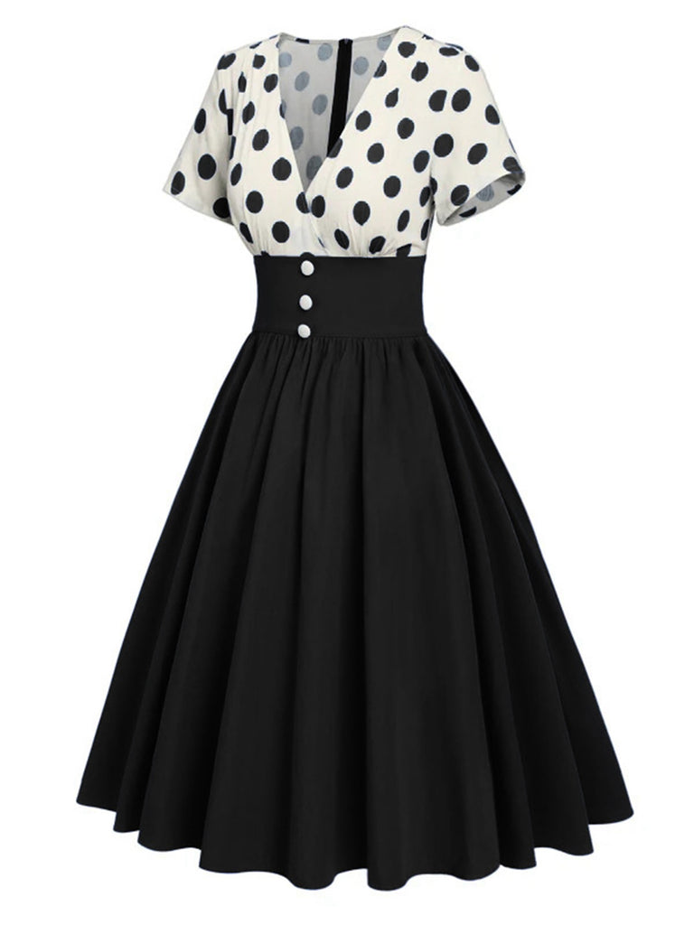 1950s V-Neck Polka Dots Swing Dress