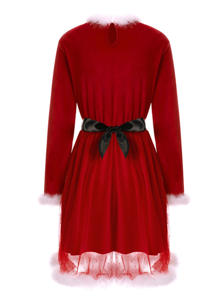 Red 1960s Velvet Mesh Patchwork Belted Dress