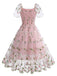 1950s Embroidered Flowers Mesh Puff Sleeve Dress
